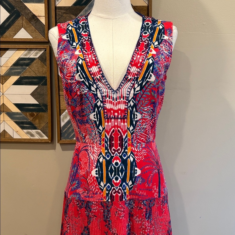 SALONI Silk Crepe Printed V-Neck Sleeveless Mini Dress size 4 - Picture 2 of 15